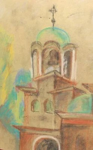 Expressionist pastel painting landscape church - Picture 1 of 1