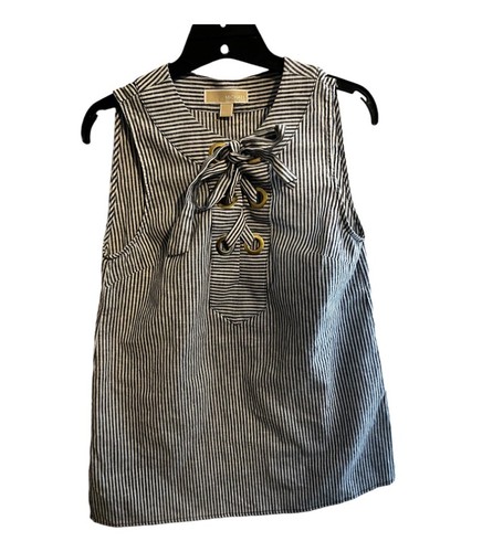 MICHAEL KORS Top senza maniche vero blu navy bianco a righe stringato con occhiello oro S