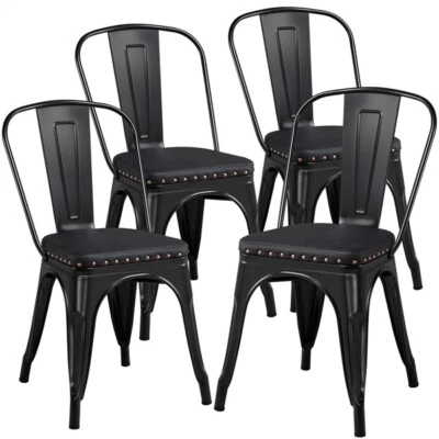 4pcs Dining Chairs Indoor Outdoor Bistro Cafe Metal Industrial Style Soft Black - Image 1 of 4