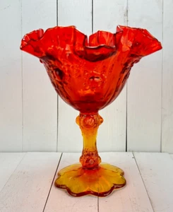 Vintage Fenton Amberina Glass Footed Compote Bowl Cabbage Rose Orange Red Yellow - Picture 1 of 13