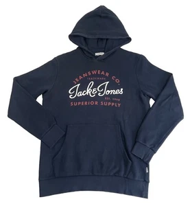 JACK & JONES Hoodie Jumper Navy Blue Logo Kangaroo Pockets Fleece Size M - Picture 1 of 10