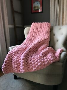Chunky Knit Blanket - Light Pink Throw - Soft Chenille Throw Blanket