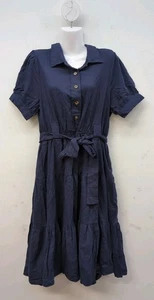 Kaileigh Naurela Puff Sleeves Front Button Belted Waist Shirt Dress XLP Navy - Picture 1 of 9