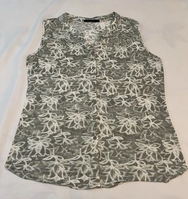 Top túnica Max Jeans sin mangas con botones cuello en V blanco con estampado verde oliva, M Foto 1 de 4