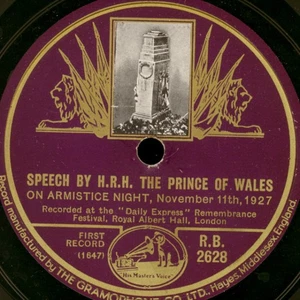 Speech by H.R.H. THE PRINCE OF WALES on Armistice Night Nov. 1927 78rpm S9001 - Picture 1 of 2