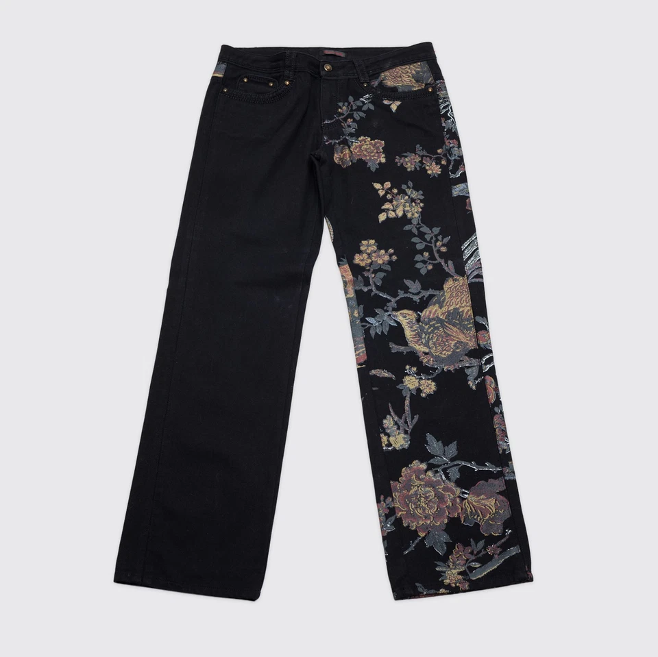 Jeans designer Roberto Cavalli W36 preto multicolorido pintado algodão G2U - Imagem 1 de 1