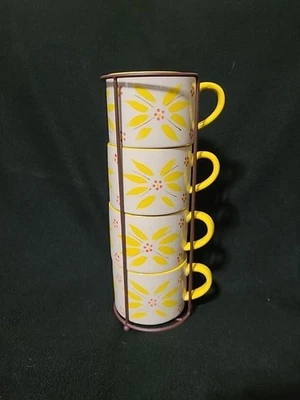 Contemporary Temptations Set 4 Stackable Coffee Mugs Yellow Floral with Rack-New - Image 1 of 4