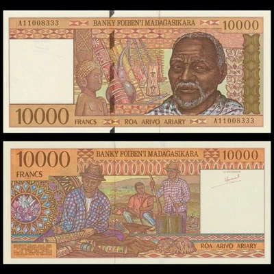 🇲🇬Madagascar  10000 (10,000) Francs  1995   P 79 a  AA  Low SN#  Crisp Gem UNC - Image 1 of 4