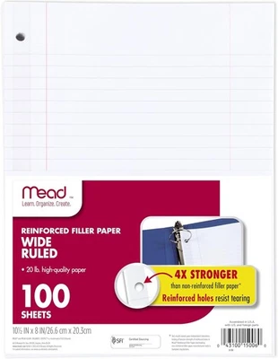 Papel de hoja suelta, papel de cuaderno de relleno con reglas anchas, reforzado, 8" x 10-1/2" Foto 1 de 4