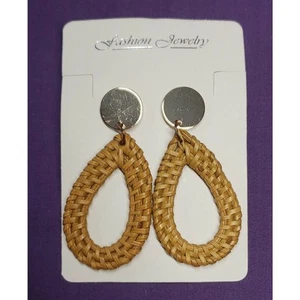 Teardrop Rattan Weave Dangle Earrings, Gold Tone & Natural Tan Color, New - Picture 1 of 5