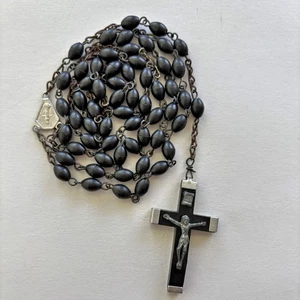 Vtg Black Lucite Catholic Rosary Beads Cross Crucifix Jesus Mary Prayer Italy - Picture 1 of 6