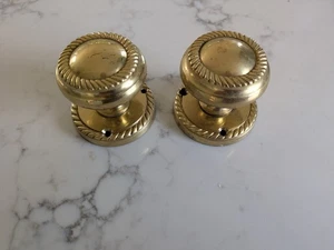 Reclaimed Georgian Style Pair Round Brass Rope Edge Beaded Door Knobs - Picture 1 of 4