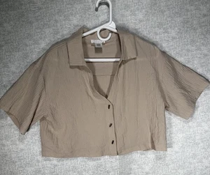 Kirious Damen Crop Top Größe Large Viskose Mischung Kragen Knopf Crinkle Beige - Bild 1 von 5