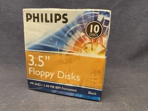 Sealed NIP Philips 3.5" Pack 10 Floppy Disks MF-2HD 1.44 MB IBM Formatted Black - Picture 1 of 7