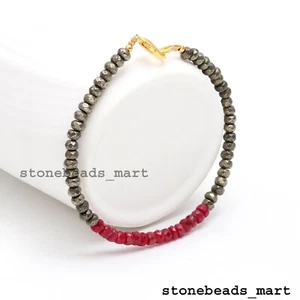 Echtes Juli Geburtsstein Rubin Korund + Pyrit Rondell Edelstein Armband 7 Zoll - Bild 1 von 8