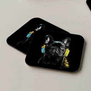 Schwarze Französische Bulldogge Untersetzer Getränke Tee Kaffee Musik Kopfhörer DJ Musik Lustig - Bild 1 von 1