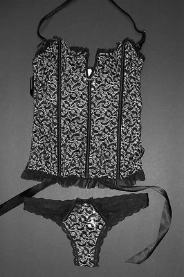  Новый с Ярлыками Victoria Secret черный серебряный металлический кружева S XS корсет бюстье комплект  - Изображение 1 из 4