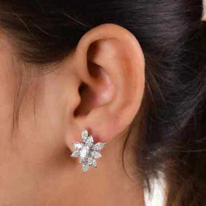 Statement Earrings Cluster Floral Stud Earrings 14k White Gold Lab Grown Diamond - Picture 1 of 19