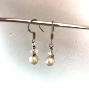 Sterling Silver 925 Pearl Crystal Earrings Dangle Drop Hook Pierced Ears - Picture 1 of 4