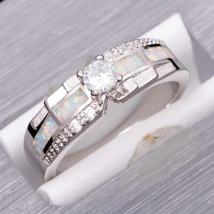 4mm Round Simulated Moissanite White Fire Opal Silver Jewelry Band Ring Size 6 - Picture 1 of 6