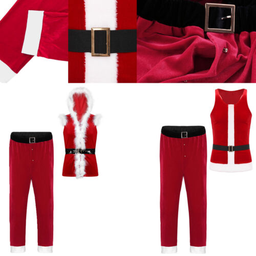 Mens Jacket Santa Claus Costume Fancy Dress Up Outfits Carnival Vest Hooded