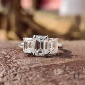 Moissanite 2.50 CT Emerald Cut Three Stone Engagement Ring 14k White Gold Plated - Picture 1 of 7