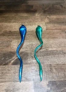 2 Vintage mundgeblasene Glas blau/grün gedreht Eiszapfen Weihnachtsschmuck West Germany - Bild 1 von 5