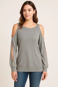 Vince Camuto Sparkly Sweater Womens Large SIlver Gray Cold Shoulder Sleeve Knit - Picture 1 of 19