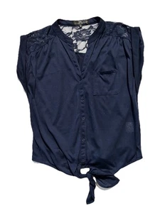 Almost Famous Navy Blue Top Size L Short Cap Sleeve Lace Ties At Waist V-Neck - Picture 1 of 8