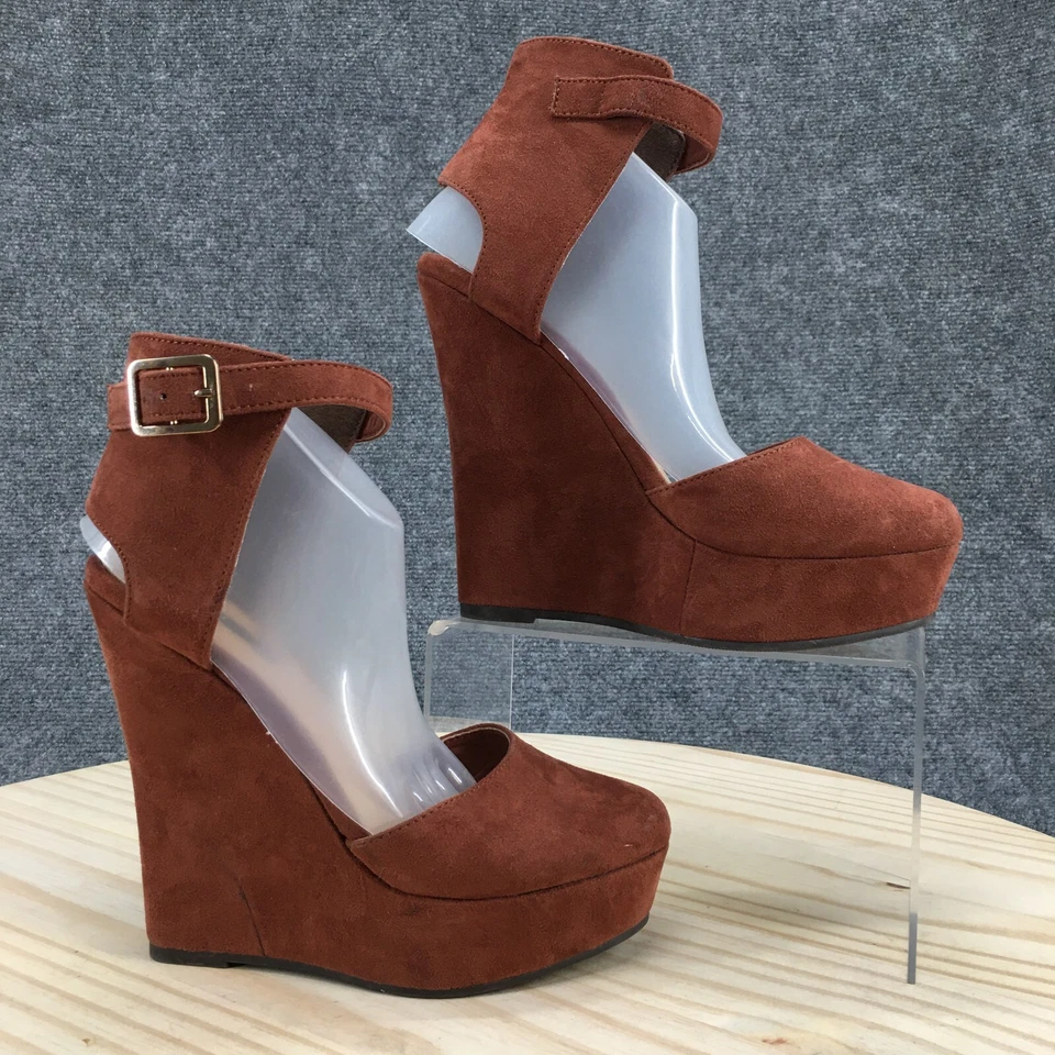 Forever 21 Wedge Platform Pumps Womens 7 Brown Ankle Buckle Strap Suede Casual - Image 1 of 4