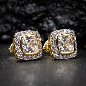 Men's Yellow Gold 925 Sterling Silver Hip Hop Cushion Cut Cz Stud Earrings - Picture 1 of 5
