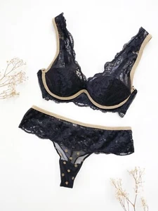 New With Tags INTIMISSIMI Bra EU 70B USA UK 32B Briefs Sz S Black Gold Polka Dot - Picture 1 of 8