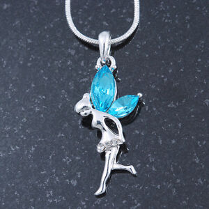 Aquamarine Crystal Fairy Necklace in Silver Tone 40cm L/ March Birth Stone