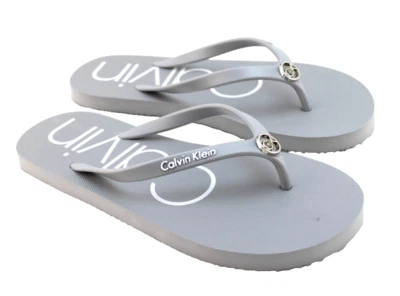 NWT CALVIN KLEIN Salmas Size 9 Light Gray with CK Metal Logo Women Flip Flops - Image 1 of 4