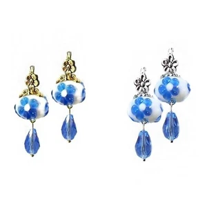 Earrings Blue and White lampwork, petite drop, choose clip on or pierced - Picture 1 of 4