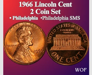 1966 LINCOLN CENT 2 COIN SET NEW MINT BU & SMS  RED * - Picture 1 of 3