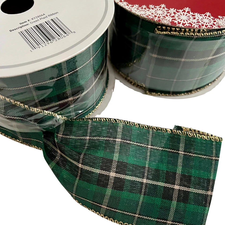 Green Navy Gold Tartan Wired Ribbon, Ralph Lauren Christmas 4yds/ 48' -TWO Rolls - Image 1 of 4