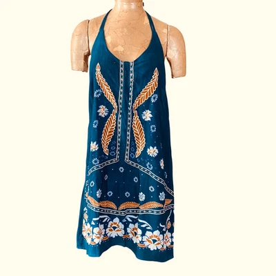 O'Neill Ellison бирюзовый синий вышитый с бретелью через шею платье Sz L #329i - Изображение 1 из 4