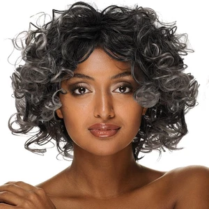 Short Curly Wig Grey Glueless Afro Hair Wigs Toppers Man Black Gray - Picture 1 of 11