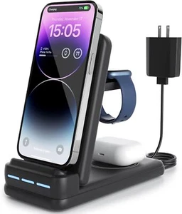 Wireless Charger Charging Station 3In1 For All Apple iWatch Air Pods iPhone 15 - Picture 1 of 7