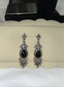 Vintage Art Deco Ohrringe Silber große schwarze Onyx Markasiten Ohrhänger - Bild 1 von 4