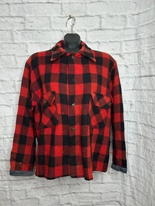 VTG Mens 60s Red Buffalo Plaid Two Pocket Wool Shirt Jacket - Picture 1 of 10
