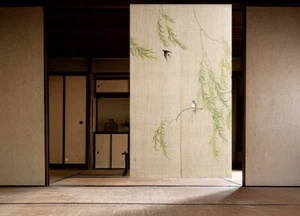 Kyoto Noren Japanese Hanging Door Curtain Linen hand draw South wind Swallow - Picture 1 of 4