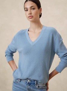 NWT Banana Republic $80 RIBBED LIGHTWEIGHT V-NECK SWEATER, Crisp Blue-L, Black-M - Picture 1 of 6