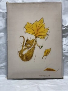 Vtg Stretched Canvas Art 1978 Cute Mouse Floating Leaf Artist: Byorgsu (SCM321) - Picture 1 of 8