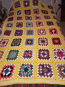 NEW HAND MADE BRIGHT YELLOW Multi-Color GRANNY SQUARES AFGHAN (lot#125) - Picture 1 of 2