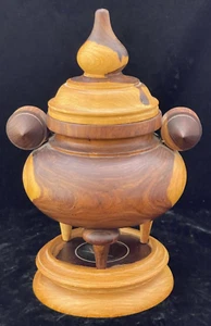 Vtg Turned Wooden Round Treen Tea Box Tripod 3-Legged w/ Lid & Stand - Picture 1 of 12