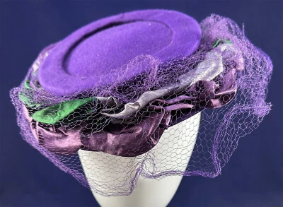 Vintage I. Magnin & Co Custom Made Purple Wool Felt Trim Toy Tilt Hat Fascinator - Image 1 of 4