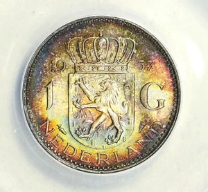 1957 Argento 1 Fiorino ANACS MS65 Doppio Lato Mostro Tono Arcobaleno Paesi Bassi 1G - Foto 1 di 5
