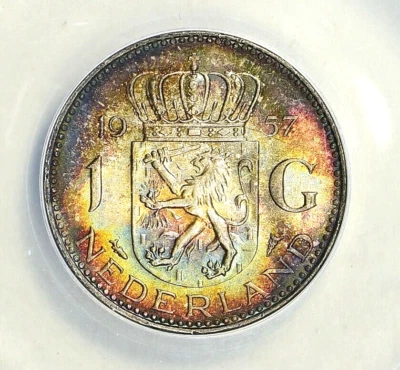 1957 Silver 1 Guilder ANACS MS65 Dual Sided Monster Rainbow Tone Netherlands 1G - Image 1 of 4
